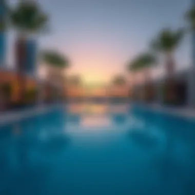 Damac Park Towers Poolside Retreat Elegant pool area surrounded by lush greenery
