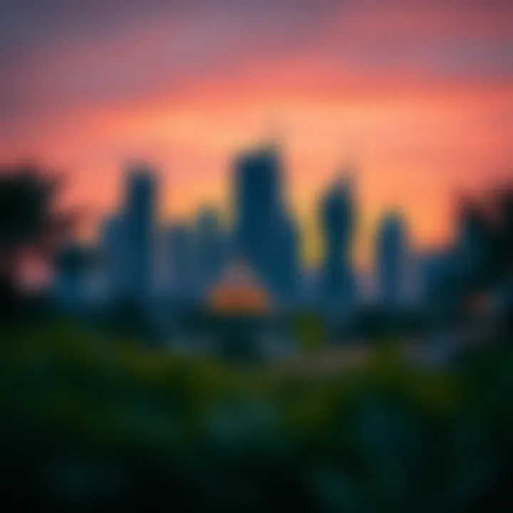 Stunning skyline view of Damac Park Towers against the sunset