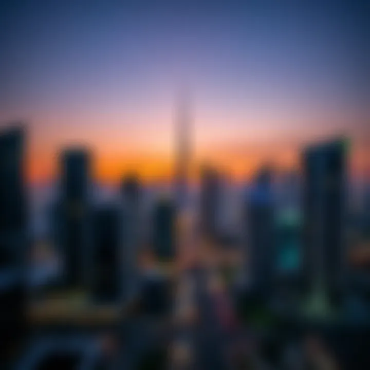 Scenic view of Bur Dubai skyline at sunset