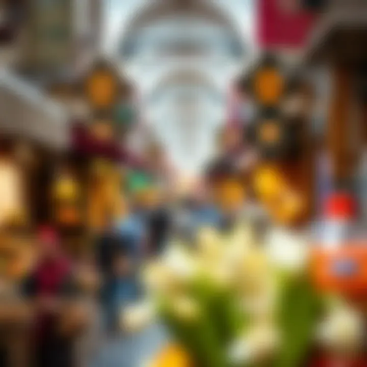 A bustling marketplace scene at Souq Madinat Zayed with shoppers engaging