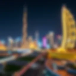 A panoramic view of Dubai's skyline adorned with festive lights during holiday celebrations