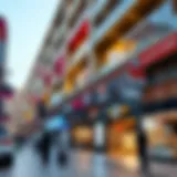 A bustling retail area in Dubai showcasing modern architecture and vibrant shops