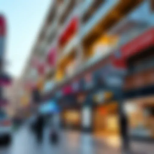 A bustling retail area in Dubai showcasing modern architecture and vibrant shops