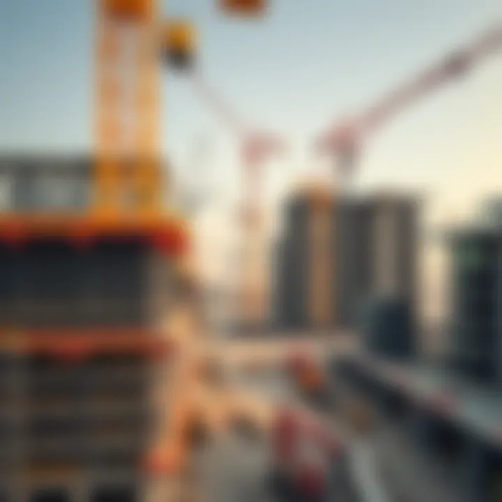 A close-up of a construction site with cranes and modern machinery.