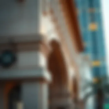 Detailed close-up of an iconic building's facade along Sheikh Zayed Road highlighting architectural features.