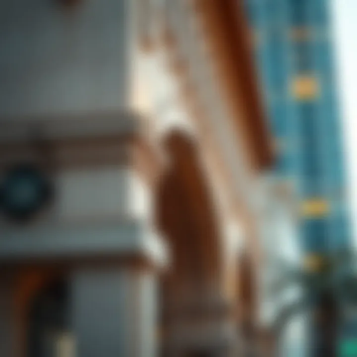 Detailed close-up of an iconic building's facade along Sheikh Zayed Road highlighting architectural features.