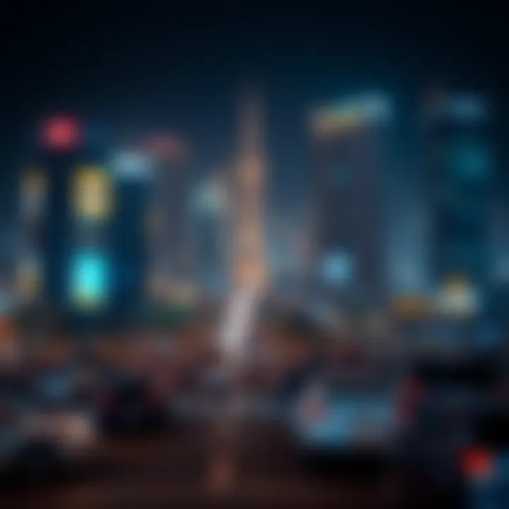 Night view of Sheikh Zayed Road illuminated, emphasizing the vibrant energy of the area.