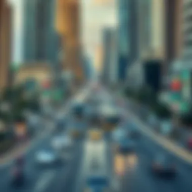 Panoramic shot of Sheikh Zayed Road bustling with activity, illustrating its importance in Dubai's urban life.
