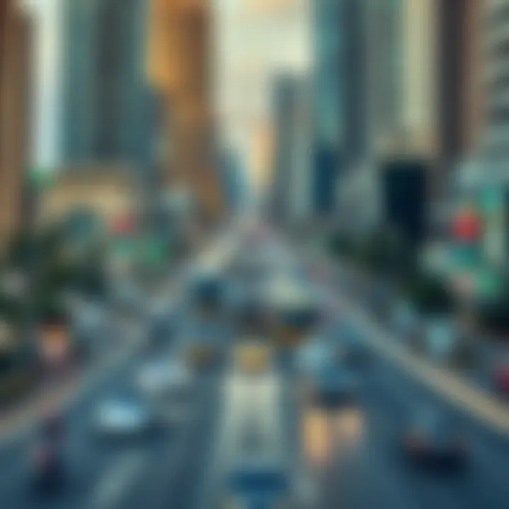 Panoramic shot of Sheikh Zayed Road bustling with activity, illustrating its importance in Dubai's urban life.