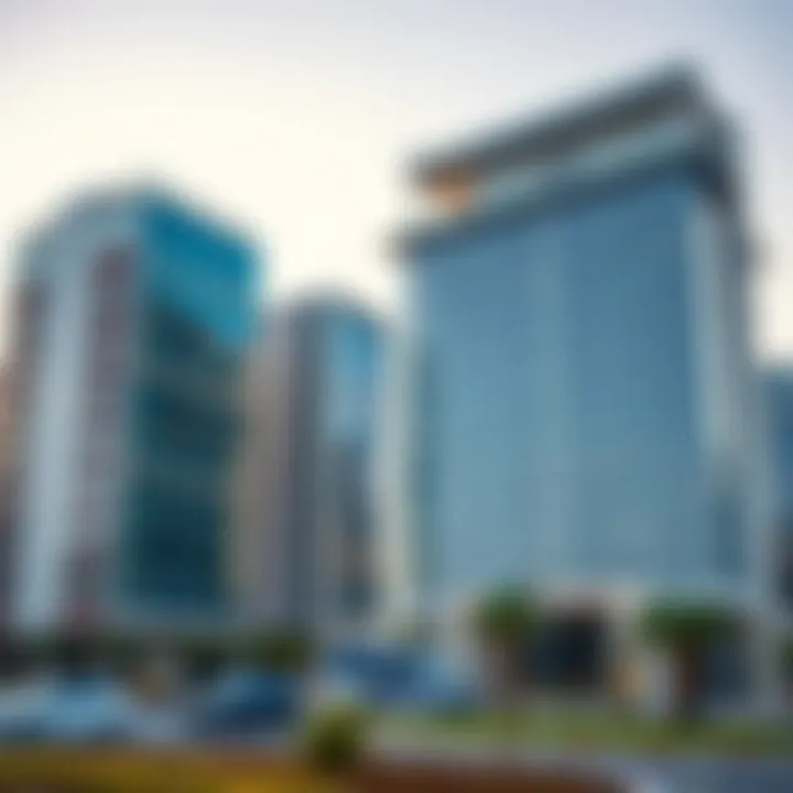 Modern office buildings symbolizing the tech hub aspect of Silicon Oasis
